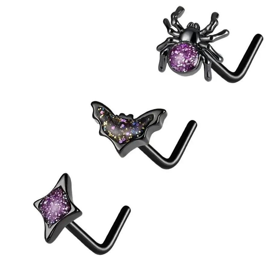 Oufer 20G 3PCS Purple Glitter Black Spider And Bat L Shaped Nose Studs