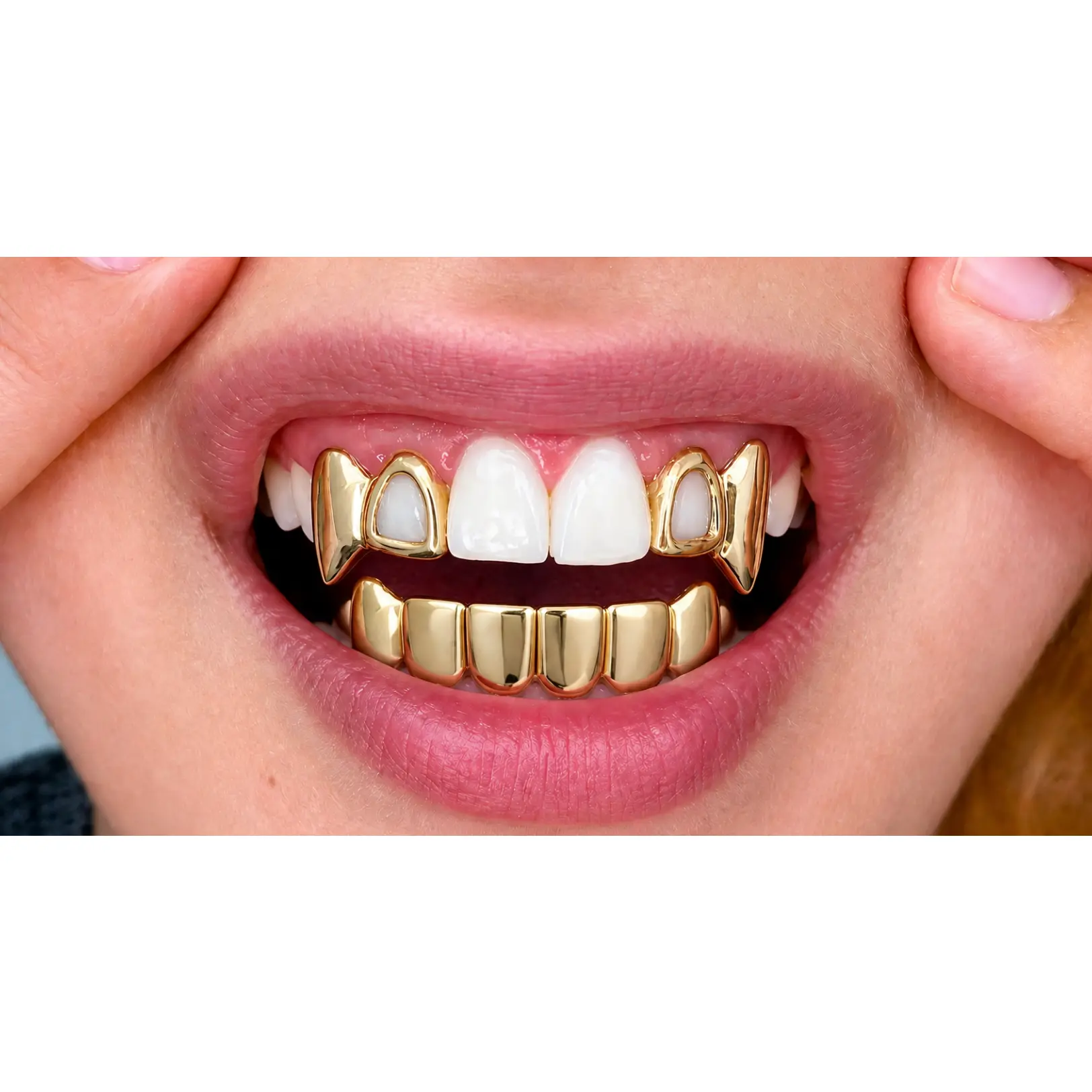 14K Gold Plated Open Face Upper Double Fang & Lower Solid Grillz 3pc Set