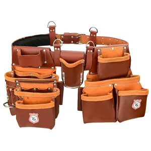 Premium Heavy Duty Leather Tool Bag with Adjustable Hook - Maroon Color, 22 Multi-Purpose Pockets, Standard Size, Padded Work Belt, Hammer Holder, Supplier Warranty Included