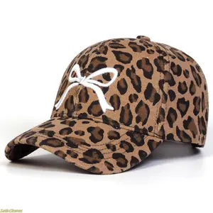 Unisex Cotton Baseball Cap - Fashion Casual, 2026 Trending Leopard Print, Bowknot Embroidery, Adjustable Sun-Protection Bowknot Hats for Spring-Autumn Travel, Beach Vacations