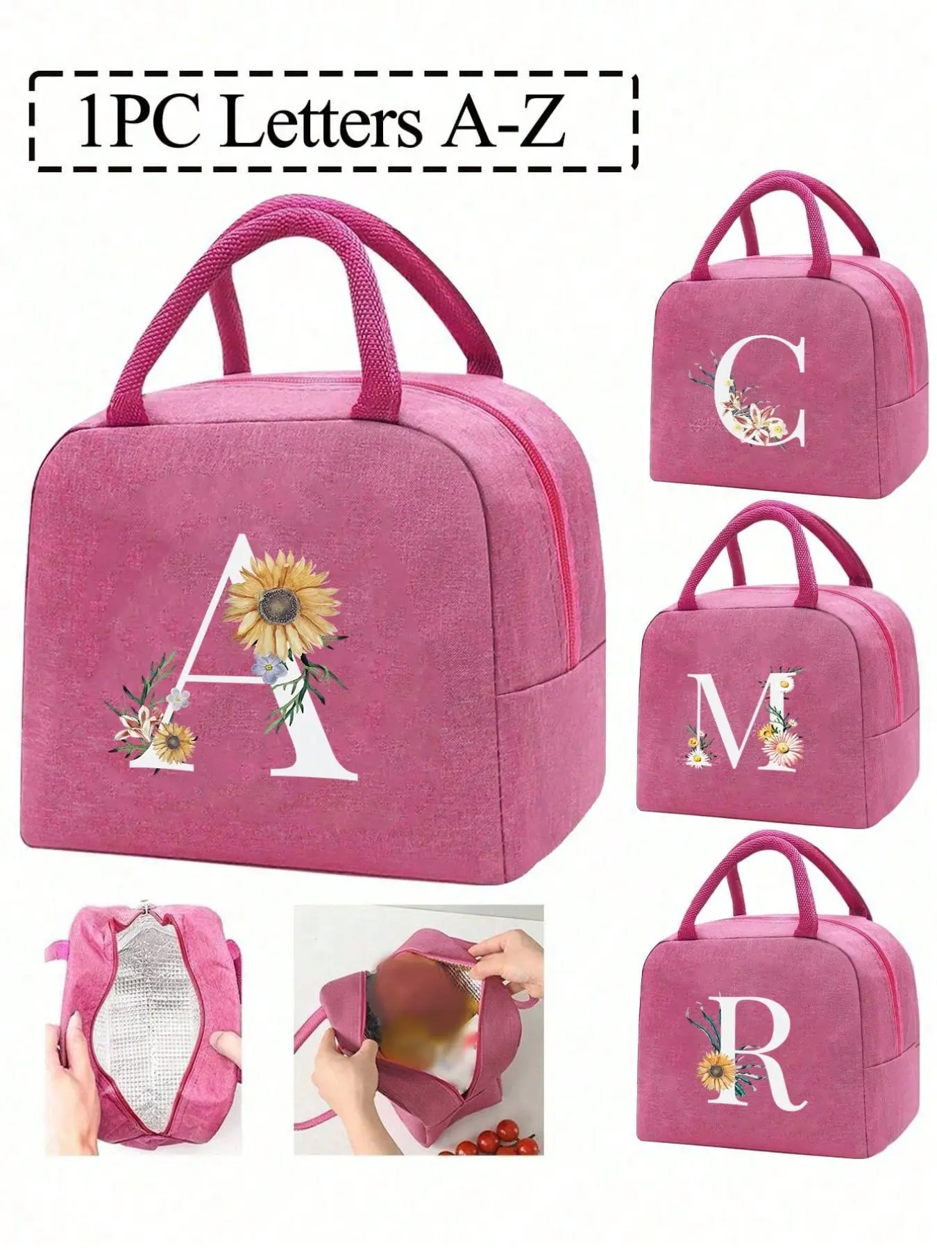 Insulated bag with a letter print pattern, lunch bag, tote bag, lunch box, ice pack, picnic food tote, lightweight portable canvas lunch storage bag, school or office picnic lunch tote, convenient to carry to school or work, holiday gift