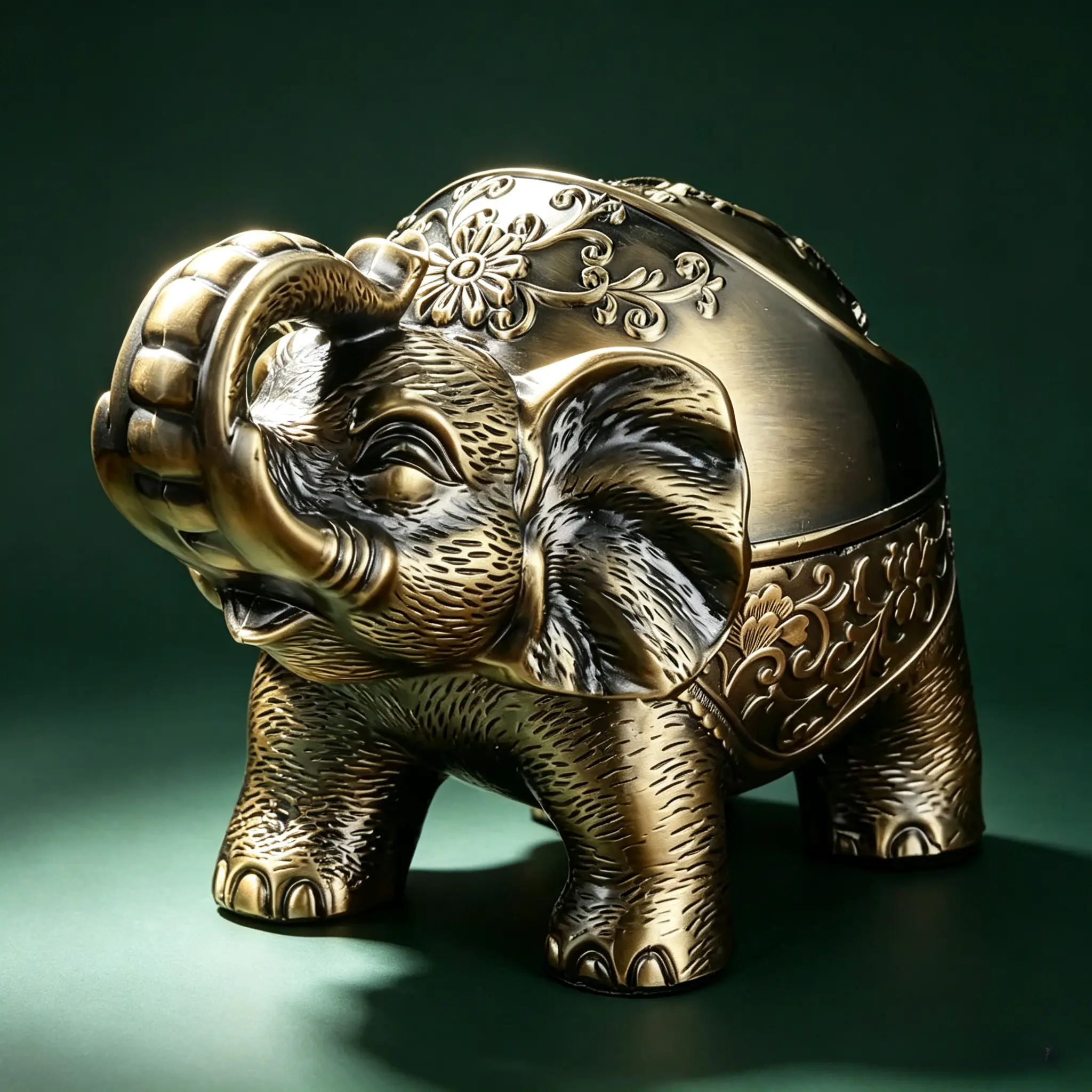 Vintage Metal Elephant Ashtray with Lid – Animal-themed decorative ashtray, resin ornament, vintage gold and black color scheme, exquisite floral detailing; suitable for home and office décor; a unique gift for men.