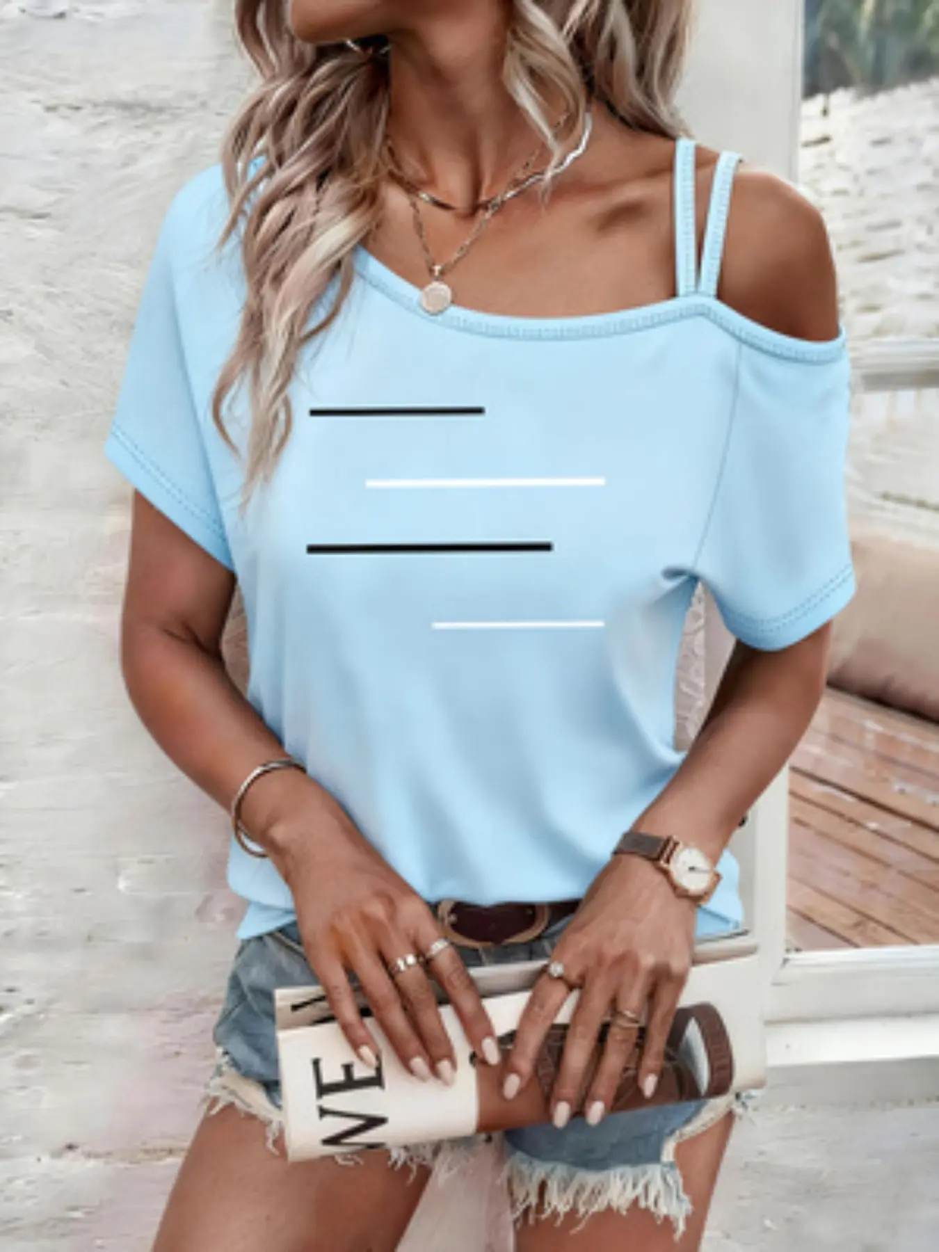 Women's Y2K Style Summer Fashion Casual Off-Shoulder Halter Top Short Sleeve Fitted, Trendy Geometric Printed Ladies Blouse Beach Tops for Spring & Summer, All Season Blouse