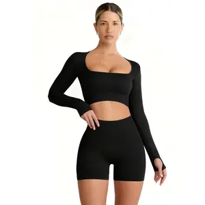 Glfera Women's Seamless Workout Set - Square Neck Crop Top & High Waisted Shorts 2 Piece Yoga Set for Gym & Daily Wear, Silky-Smooth Fabric, Thumb Holes, Ribbed Waistband - Clothes, Suits