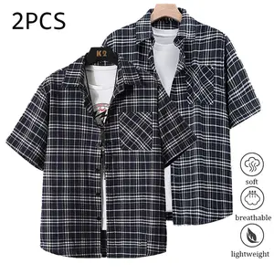 Pack of 2 summer short-sleeve shirts lightweight, breathable plaid shirts suitable for beach vacations, pool parties, and everyday casual wear; plaid shirt, men’s short-sleeve top Men's Striped Quick-Dry Polo Set Lightweight Checked Shortsleeve funny