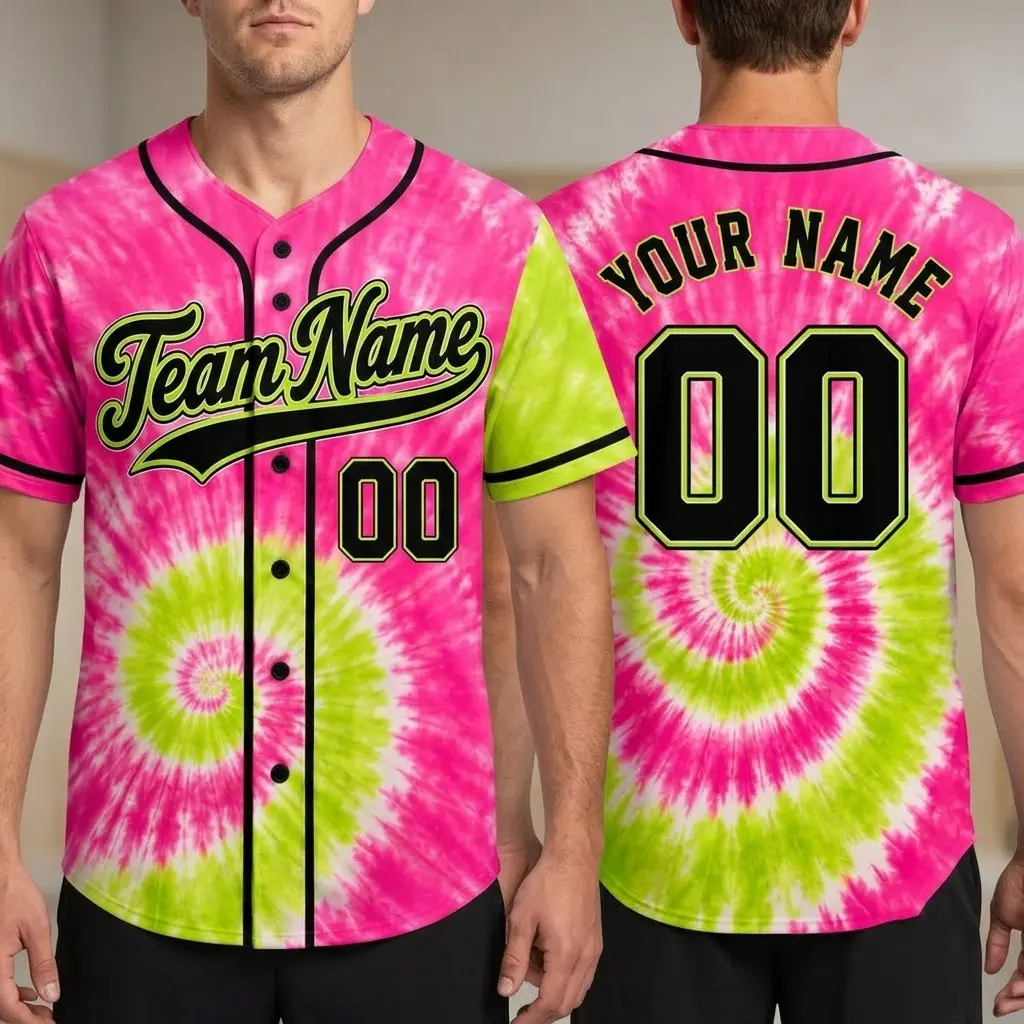 Custom Tie Dye Baseball Jersey Personalized Pink Lime Green Spiral Shirt, Groovy Festival Rave Uniform, Custom Name Number Softball Jersey