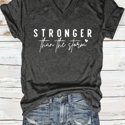Women's Letter Print V Neck Tee, Casual Short Sleeve Streetwear T-Shirt for Summer, Ladies Clothes for Daily Wear, Top, Inspirational Casual Clothes