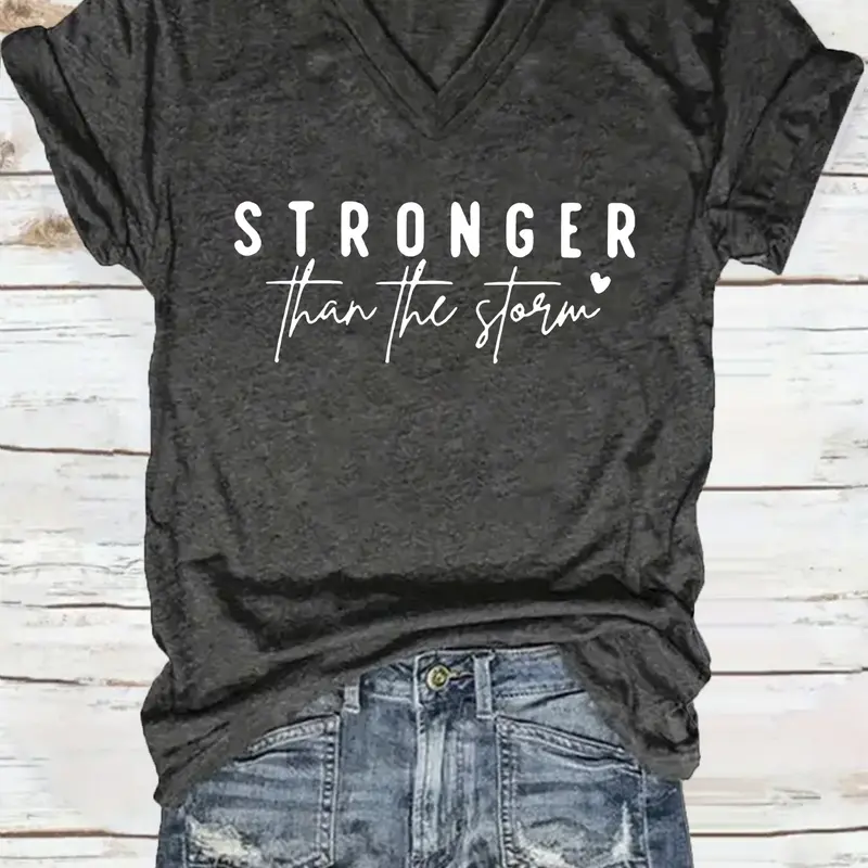Women's Letter Print V Neck Tee, Casual Short Sleeve Streetwear T-Shirt for Summer, Ladies Clothes for Daily Wear, Top, Inspirational Casual Clothes