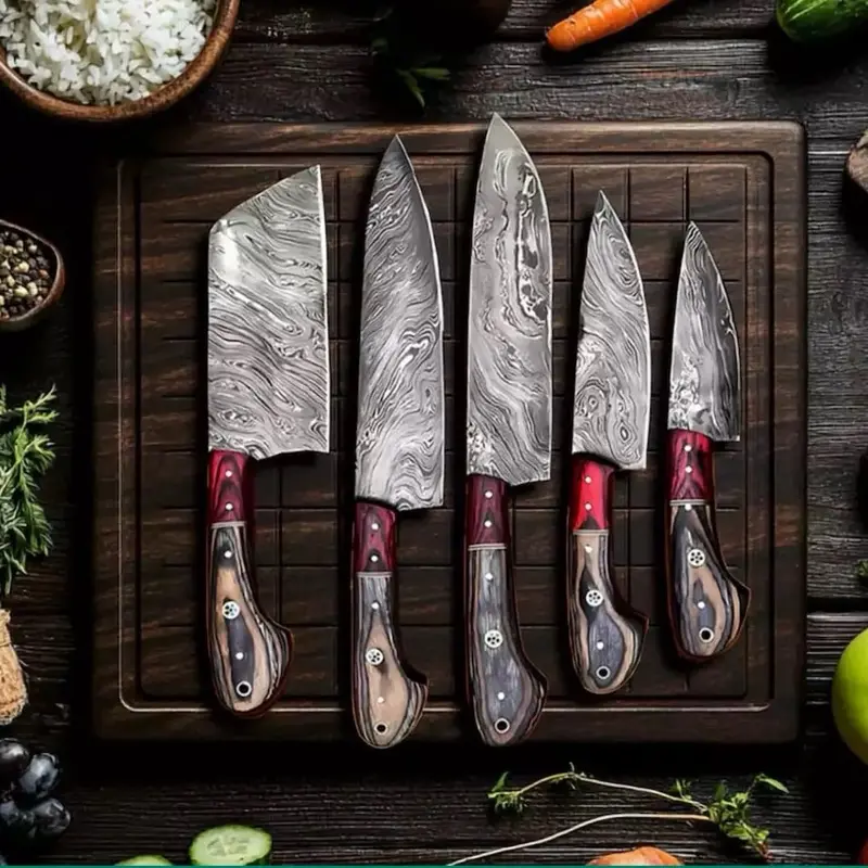 Handmade Damascus Kitchen Knife Set - 5 Pcs with Leather Roll Bag - High-Quality Craftsmanship - Block knife set Kitchenware