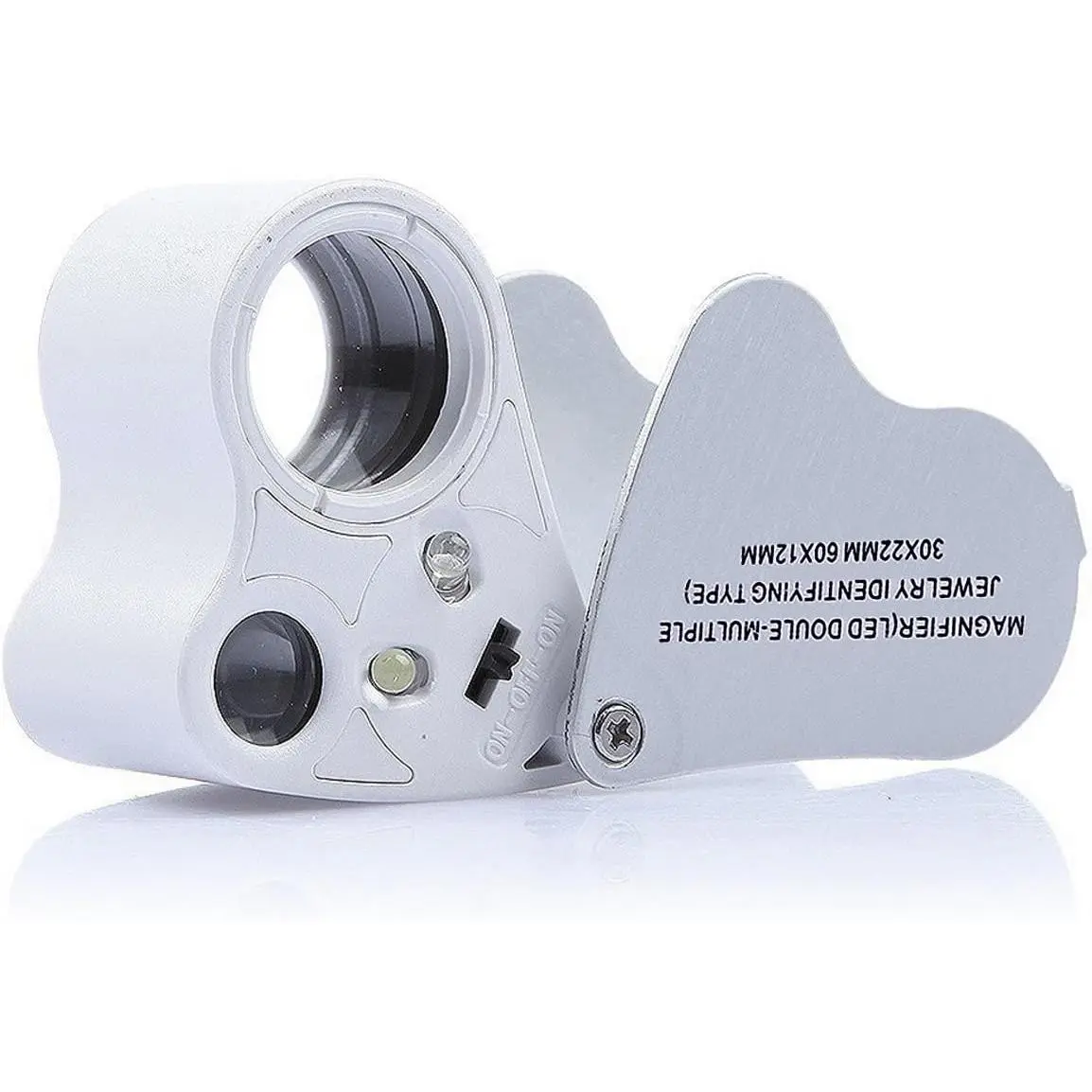 Portable Magnifying Glass for Jewelers - 2-Lens, 30x-60x Magnification, LED-Illuminated Foldable Optical Measuring Tool for Hobbies, Rocks, Models