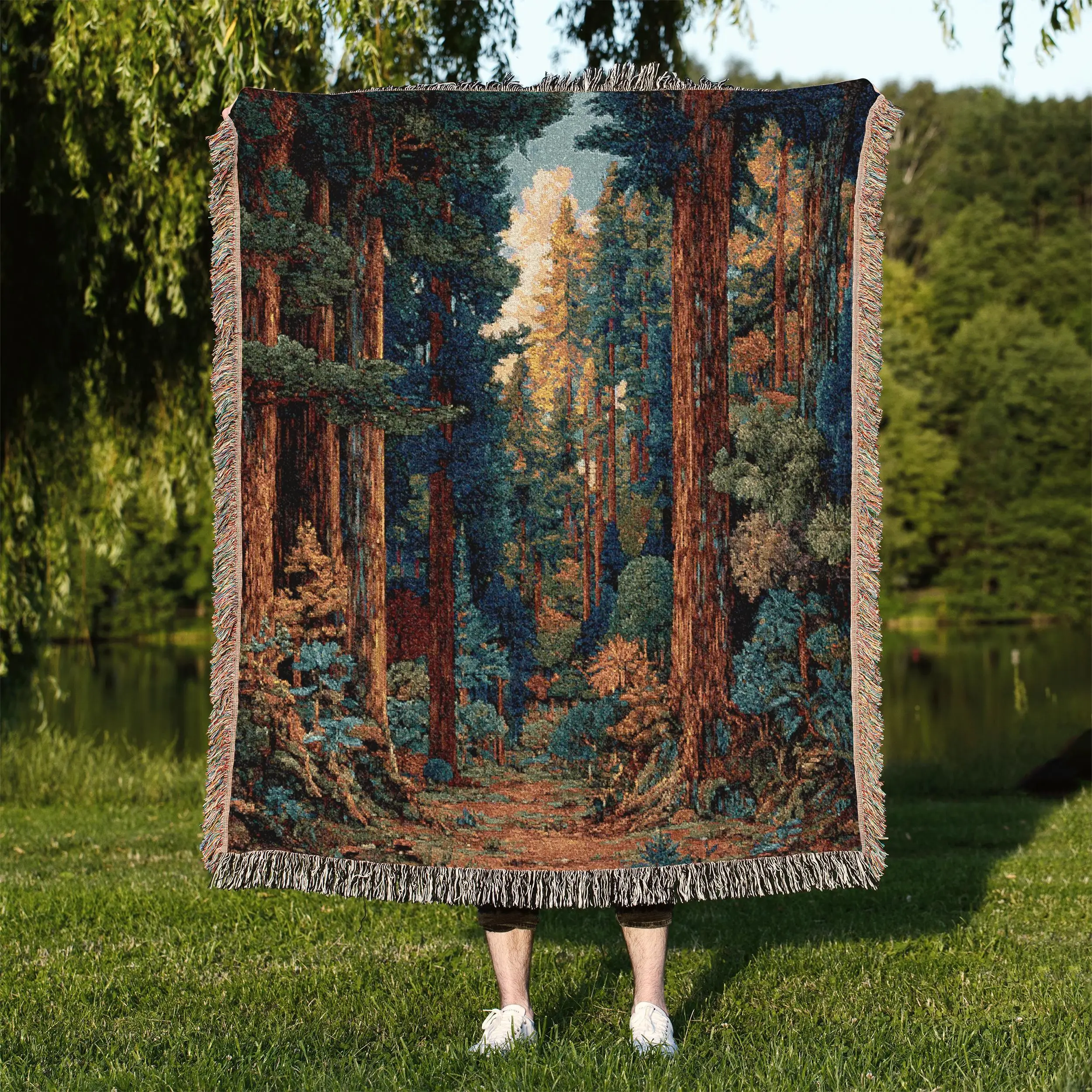 Sunlit Redwood Forest Woven Blanket: Cottagecore Tapestry Throw