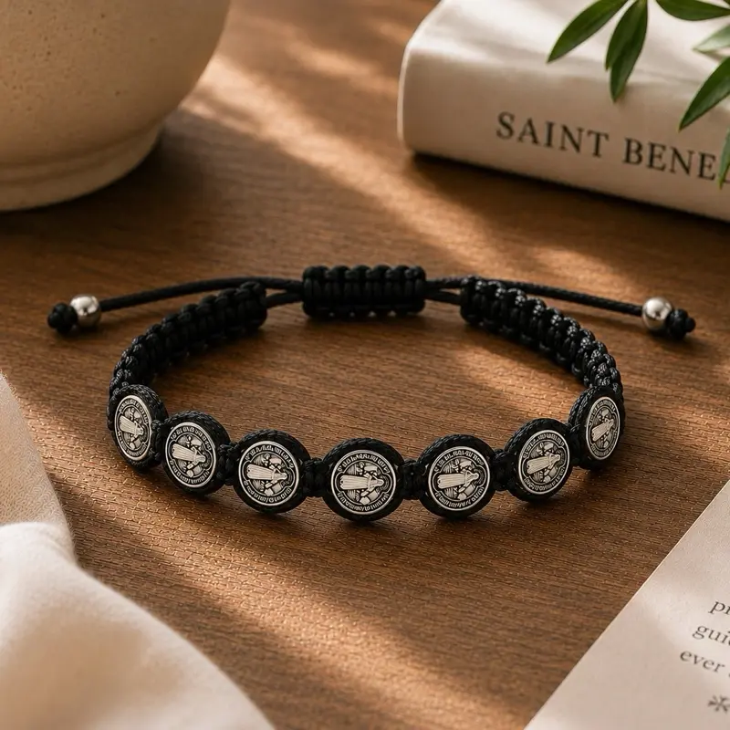 Catholic Religious Fashionable Bracelet - Artisanal San Benito Medal, Braided Rosary, Coin, Cross Beads, Classic Prayer Jewelry Accessory for Friendship
