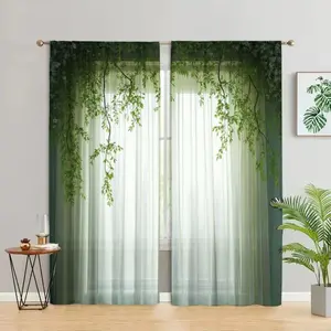 2-piece set willow forest printed curtains, Window Decorations Supplies, green gradient design, pole pocket style, semi transparent polyester fiber, suitable for living room, bedroom, balcony window decoration, anti privacy, easy clean