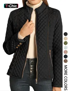 Women's Solid Pocket Zip Up Woven Quilted Lightweight Winter Coat Jacket, Casual Fitted Long Sleeve Outerwear for Fall & Winter, Women's Clothing for Daily Wear