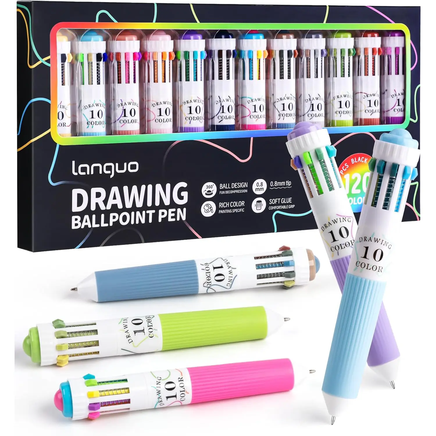 12 Park Multicolor Pens, 10-in-1 Colored Ballpoint Pen, 0.8mm Fine Point Smooth Writing, Retractable Ballpoint Pens for Office School Students Children