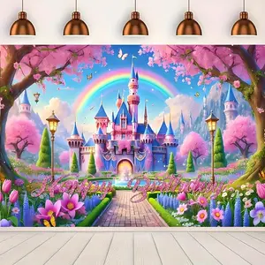 1PC Reusable Polyester 2D Flat Enchanted Castle Backdrop Banner, Fairy-Tale Pink Cherry Flower Rainbow Castle Themed Wall Cloth for Baby’s 1st Birthday, Children’s Party Photo Decoration, Party Decoration Supplies