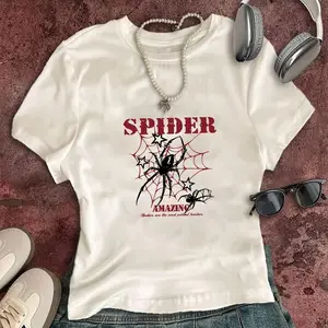 Baby Tee Retro Spider Web Print T-Shirt, Women’s Short Sleeve Top, Casual Outing Music Festival Party Outfit, Spring Summer Tee