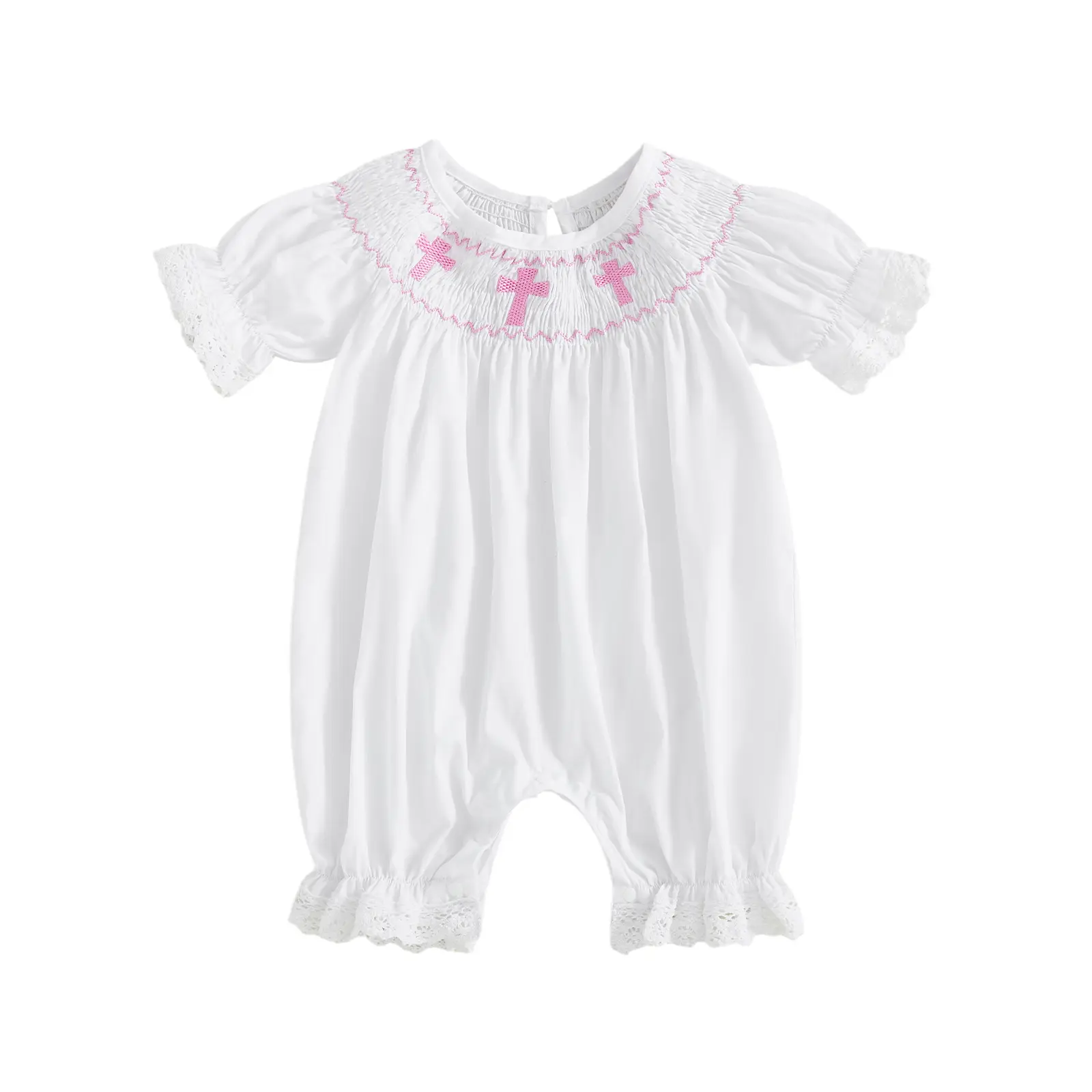 Canrulo Newborn Baby Girl Baptism Outfit Smocked Crosses Embroidery Romper  Bodysuit Jumpsuit Summer Clothes