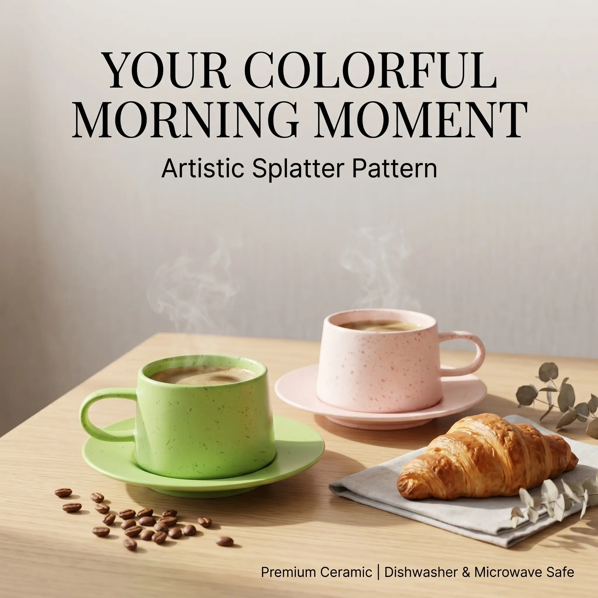 Handcrafted ink-splatter dot ceramic coffee cup and plate set | Attractive breakfast coffee cup combo | Cups and plates that can hold cookies and desserts, versatile for multiple uses | A must-have item for relaxing afternoon tea