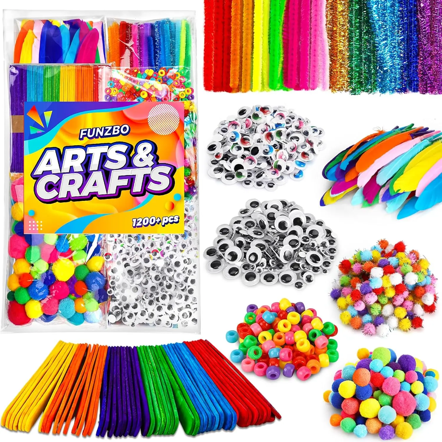 1200pcs+ Craft Kits with Pipe Cleaners, Pom Poms for Crafts, Popsicle Sticks for Craft, Arts & Crafts Supplies for Kids Ages 4-8 Girls & Boys Birathday Gifts