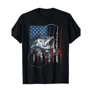 American Flag Bass Fishing T-Shirt | Patriotic USA Largemouth Bass Graphic Tee | Vintage Fisherman Rod Print Shirt | Fishing Lover Gift for Men | Mens Outdoor Streetwear Casual Top | Unisex Fishing Graphic Tees