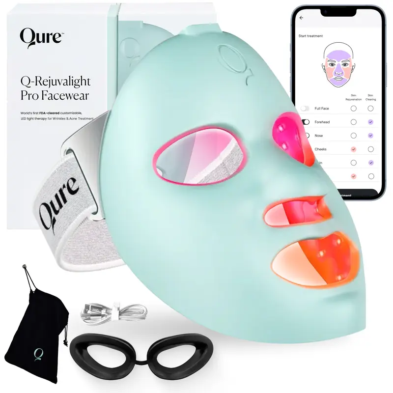 Qure LED Light Therapy Mask for Face - FDA Cleared for Wrinkles & Acne Treatment with 3 Modes, 5 Facial Areas &  5 Lights: Red, Deep-Red, Blue, Amber & Infrared, 3-Min Daily, Eye-Protection, Smart App