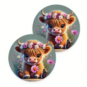 Cartoon Highland Cow Pattern Car Coaster, Round Anti-slip Car Cup Holder Pad, Car Interior Decoration Accessories for Women & Men, Car Interior Accessory, Car Interior Decorative