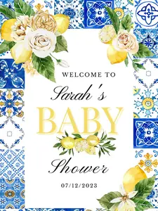 Italian Bridal Positano Mediterranean Party Decor Blue Tiles Lemon Baby Shower Welcome Sign Printable Template Instant Download Metal Material
