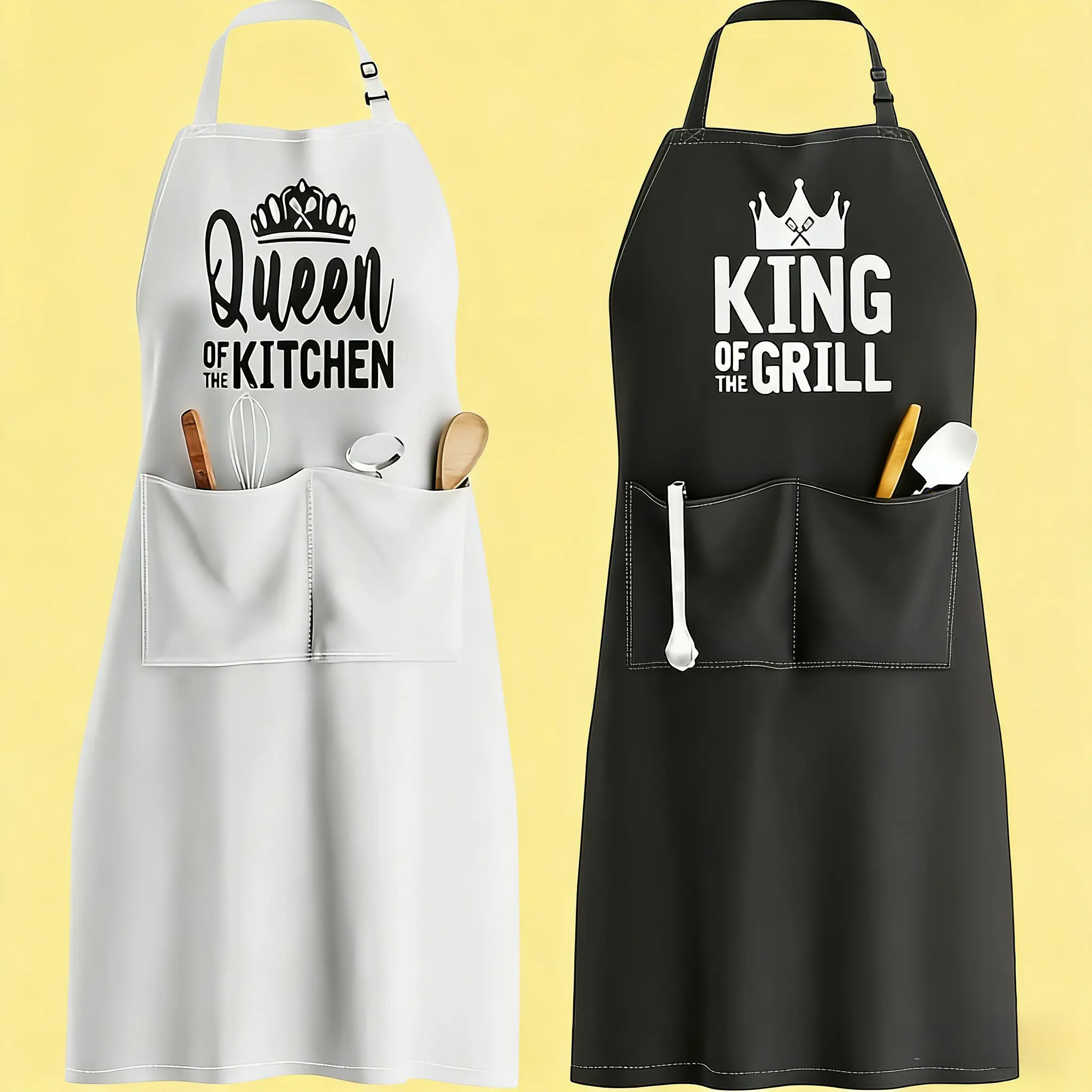 Adjustable Couple's Apron with Letter Design Perfect for Holidays Home Use and Kitchen Queen of the Kitchen King of the Grill