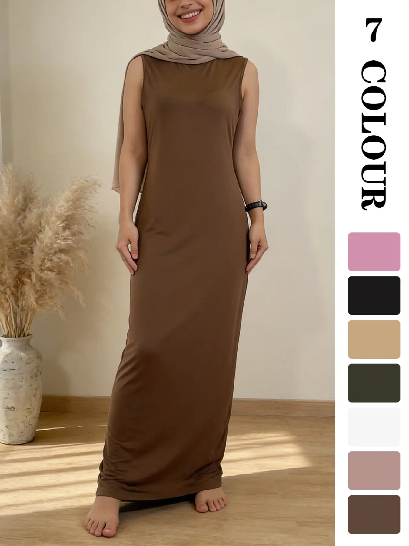 Muslim Sleepwear inner dress for Women, Ramadan Eid Pure Color Plain Sleeveless inner Dress, Dubai Luxury Islamic Kaftan Underwear, Comfortable Long Nightgown Maxidresses [not included hijab]