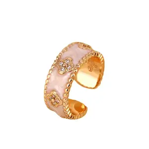 Parisian Romance 18K Gold Plated Light Pink Enamel Four-Leaf Clover Wide Band CZ Inlaid Open Retro Ring for Women | Birthday & Valentine's Day Gift