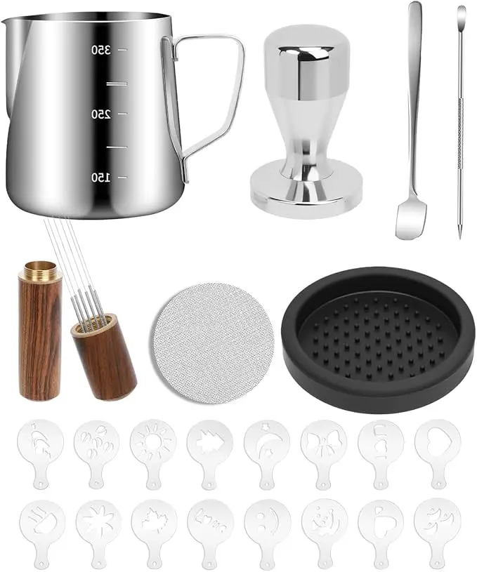 51/53mm Espresso Accessories Kit, 350ml Milk Frothing Pitcher, Espresso Tamper, WDT Tool & Puck Screen, Dessert Spoons, Tamper Mat, Latte Art Pen &16 PCS Coffee Decorating Stencils