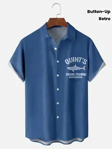 Hawaiian Shirt (Men's/Short-Sleeve/Lightweight/Button-Up) Casual with Retro Shark Letter Print