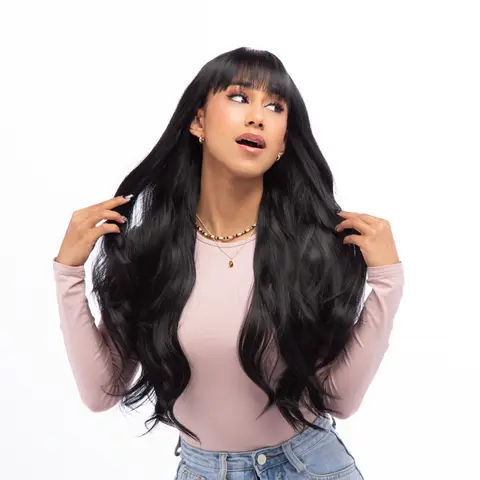 Lady Grayy Unisex 26-Inch Matte Black Gentle Wave Kanekalon Fiber Pre-Styled Extra Long Synthetic Full Machine Hair Wig - Heat Resistant, Cap Included, #41FSGA, Realistic Look, Daily Wear