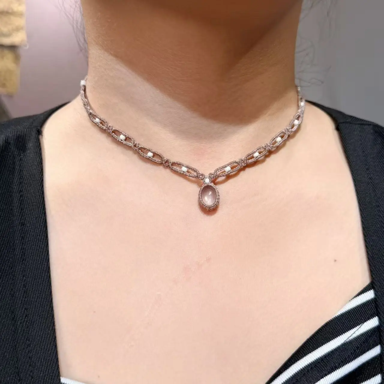 Handmade Boho Ethnic Style Rose Quartz Macrame Necklace - Minimalist Natural Crystal Jewelry, Made-to-Order Unique Gift for Crystal Enthusiasts