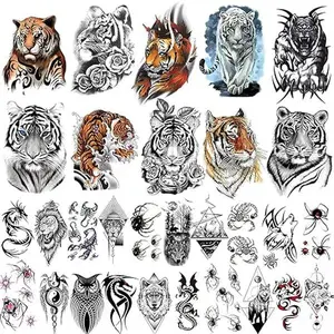 30 Sheets Large Colorful Tiger Temporary Tattoos for Men Women Realistic Tiger Temporary Tattoo Stickers for Adults 3D Fake Wolves Spider Scorpion Animals Tatoos Butterfly & Waterproof Long-Lasting