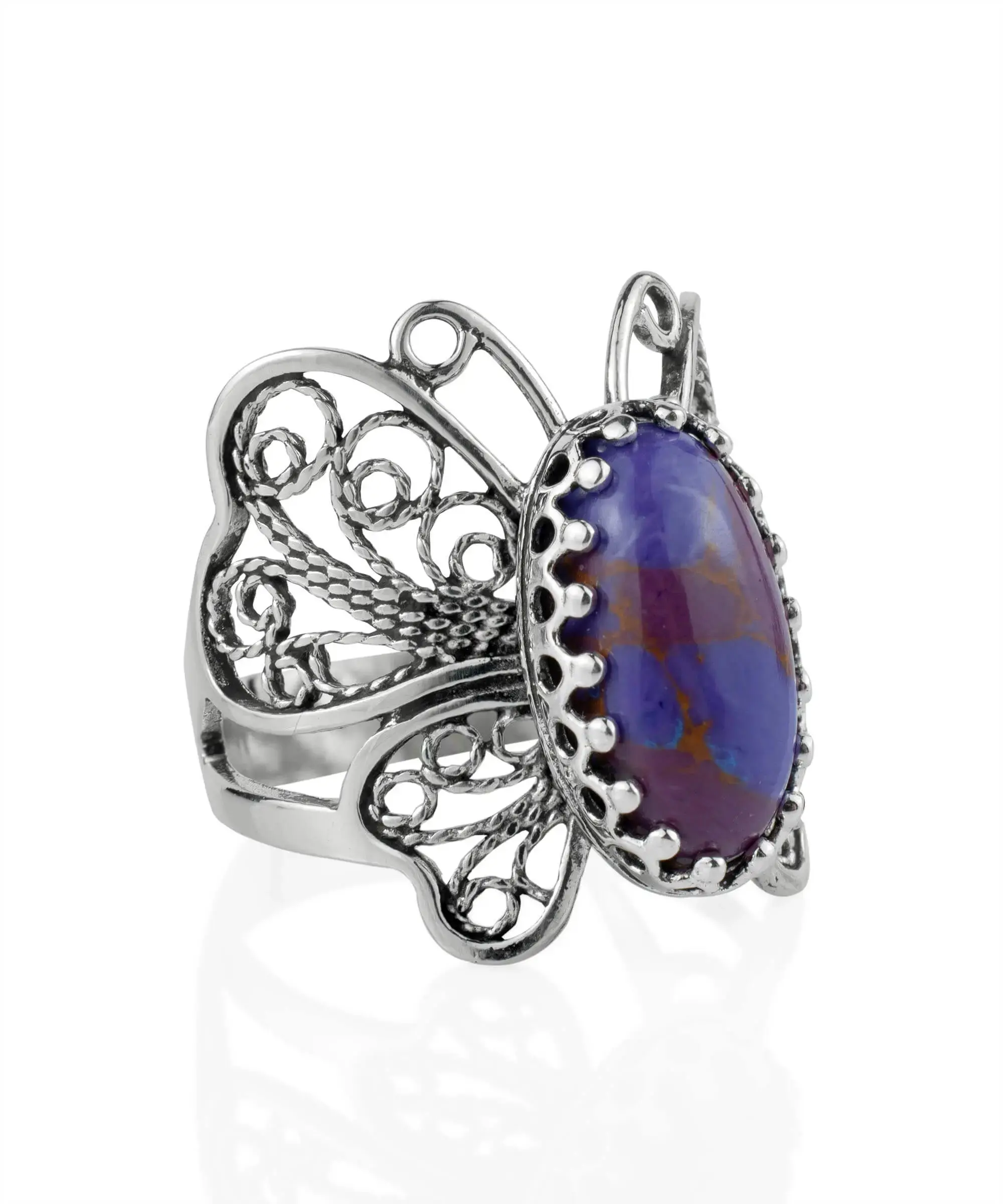 Filigree Art Mojave Turquoise Gemstone Butterfly Design Women Silver Cocktail Ring