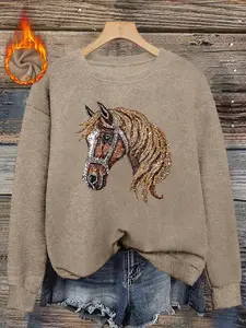 Women's Autumn Winter Sparkling Horse Head Round Neck Faux Fur Sweater, Chic Casual Fitted Animal Print Pullover, Luxurious Style