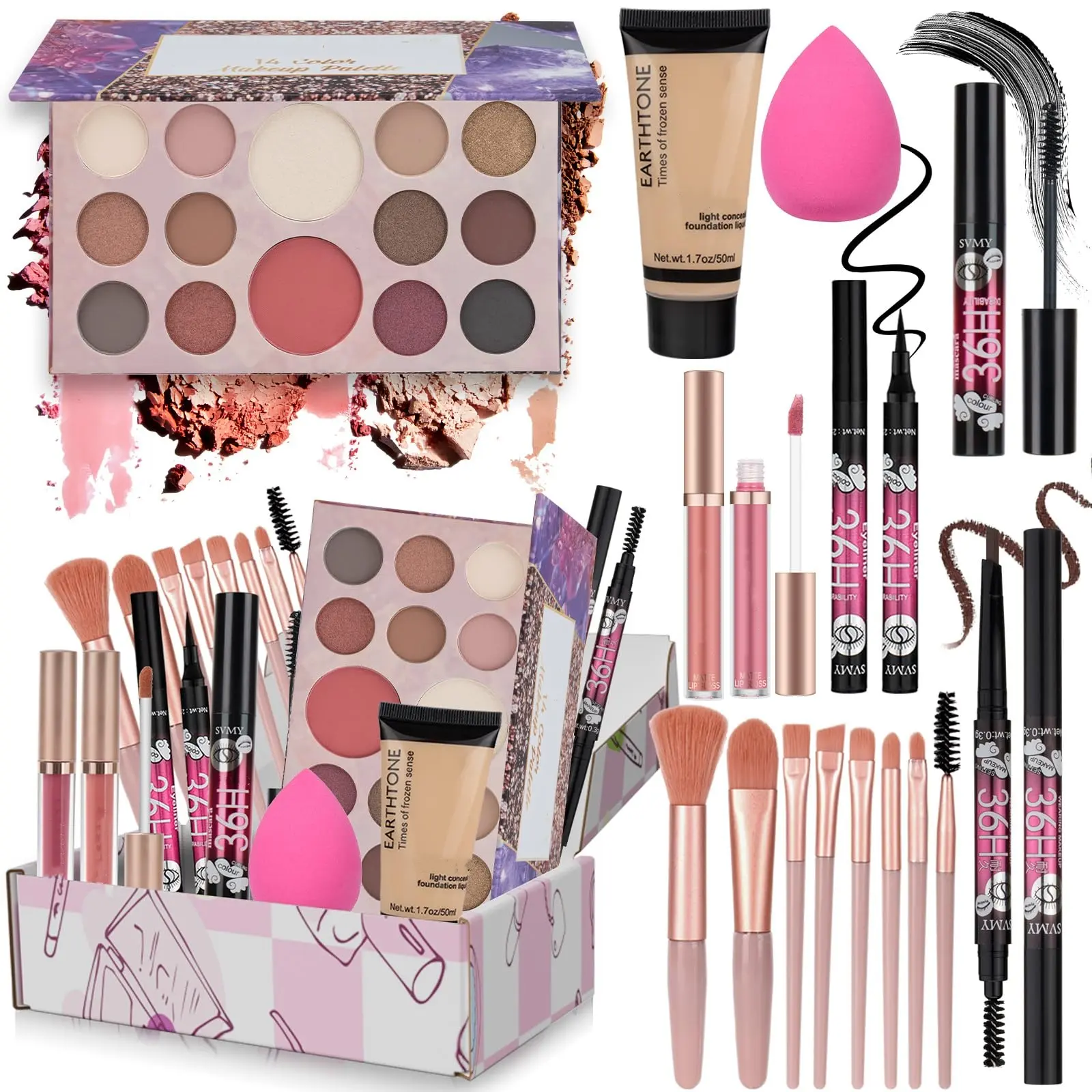 Women's Full Makeup Kit - Glossy Cosmetic Set with Foundation, Eyeshadow, Lip Gloss, Eyebrow Pencil, Eyeliner, Powder Puff & Brushes, Cute Makeup for Teens, Ideal for Valentine's Day, Mother's Day Gifts, Makeup Palette Set, Full Kit