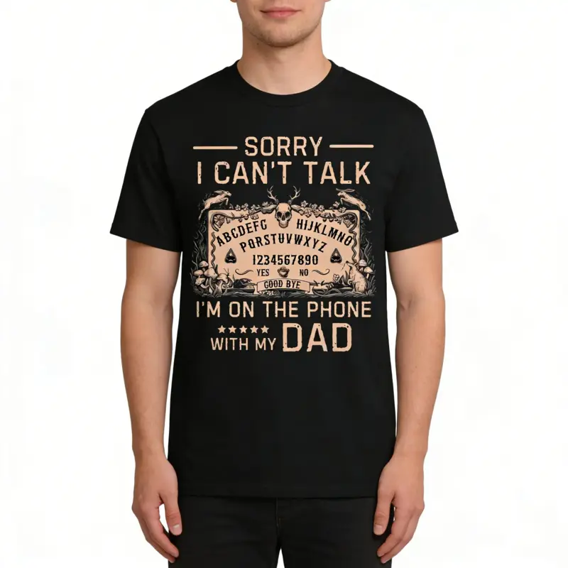 Men's Graphic Sports Top - 100% Cotton Menswear, Shortsleeve Crew Neck, Funny Quote 'On The Phone With My Dad' Ouija Print, Year Round Casual Top, Round Neck, All Seasons, Phone Call Joke