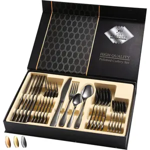 Black Silverware Set, 24 Piece Flatware Set Service for 6, High Grade 18/10 Stainless Steel Cutlery Set, Mirror Polished, Dishwasher Safe