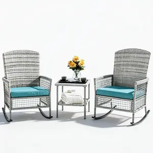 Outdoor Rattan Wicker Rocking Chair, 3 Pieces Patio Conversation Furniture Bistro Sets with Side Table and Cushions for Porch Garden and Balcony