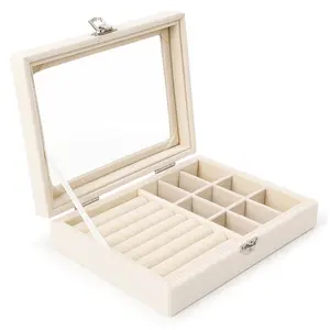 Velvet Multi-Compartment and Ring Display Jewelry Organizer Box with Glass Lid