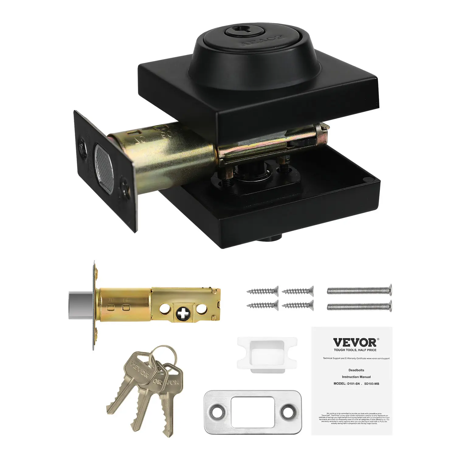 【summerfinds】VEVOR Deadbolt Lock, Square Single Cylinder Dead Bolt, Keyed 1 Side, Fits Standard Size Interior and Exterior Doors, Full Metal, with 3 Keys, for Front Entry Door Residential Security, Matte Black, Door Hardware
