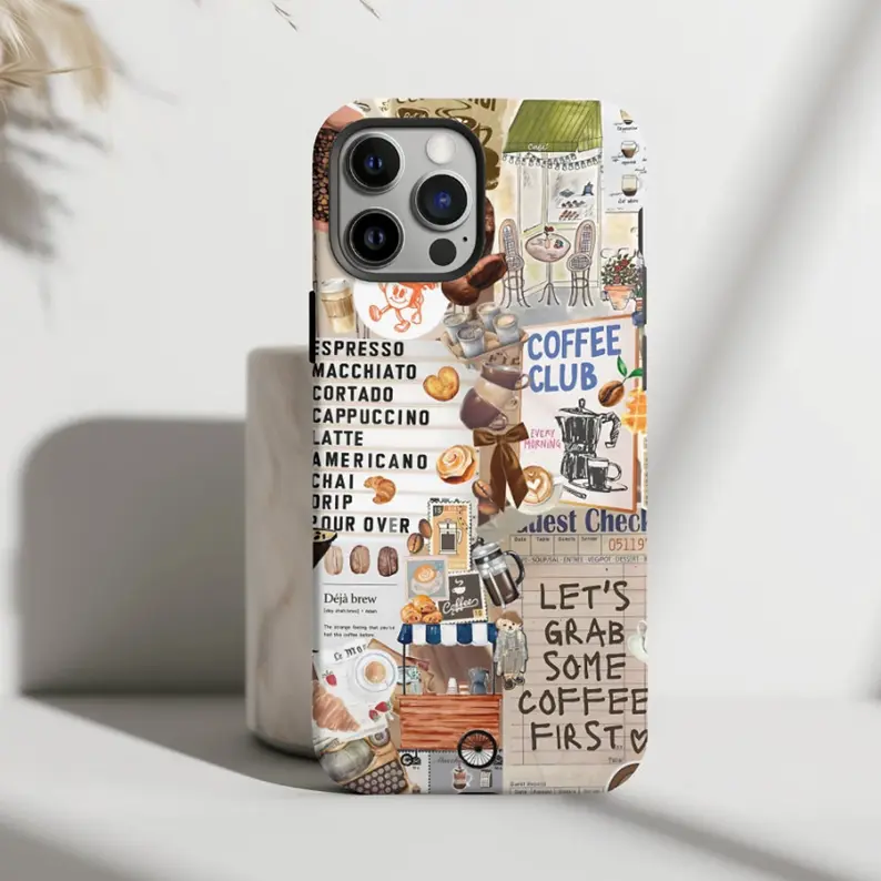 Aesthetic Coquette Coffee Collage Cellphone Case for iPhone 15 - Beige Girly Polycarbonate Shell, Shockproof Camera Guard, Impact-Absorb, Wireless-Friendly Durable Accessory for Coffee Fans, Accessories