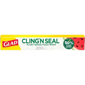 Glad 50% Plant-Based Cling N Seal Plastic Wrap, 200 Sq Ft Roll, Airtight Seal, Pack of 1
