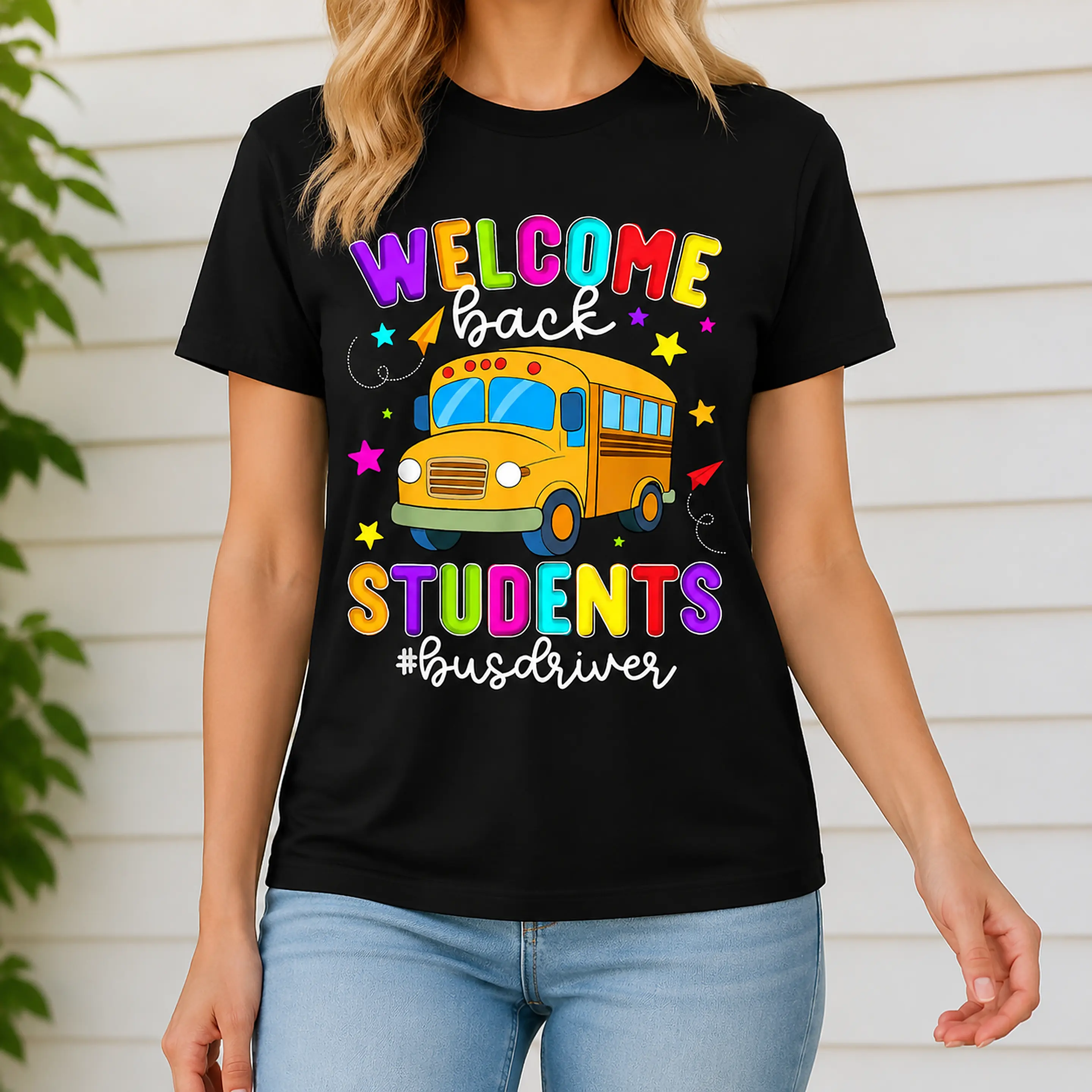Oversized Tshirt Women Unisex Welcome Back Students Bus Driver Yellow School Bus Colorful Letter Graphic T-Shirt, Back To School Bus Driver Casual Short Sleeve For Men Women Black Top