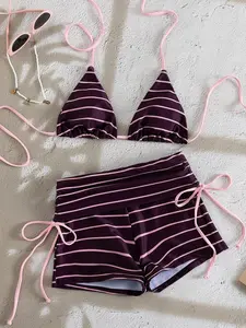 Sunspun x Swim 2pcs/Set Women's Pink Stripe Halter Backless Top With Side Tie Shorts,Cute Elegant Summer Beach Holiday Fashion Bikini Swimwear Set