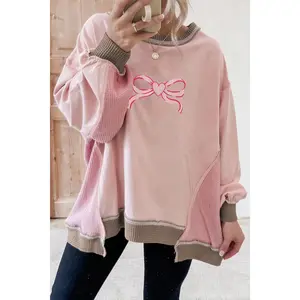 Light Pink Heart Bow Embroidered Exposed Seam Color Block Waffled Patchwork Sweatshirt