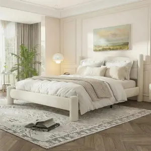 King Size Boucle Bed Frame, White Cloud Design with Round Headboard & Cylindrical Legs, Sturdy Silent Structure, No Box Spring, Hassle-Free Installation